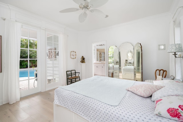 bedroom featuring access to outside, ensuite bathroom, ceiling fan, ornamental molding, and light hardwood / wood-style floors