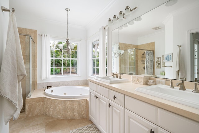 3645 Ocean Dr, Vero Beach, FL 32963 - bathroom with a chandelier, a stall shower, a whirlpool tub, double vanity, and crown molding