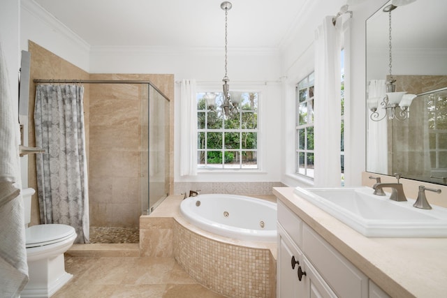 full bathroom with crown molding, a chandelier, toilet, vanity, and shower with separate bathtub