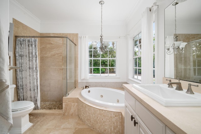 3645 Ocean Dr, Vero Beach, FL 32963 - full bath featuring a chandelier, a tub with jets, a stall shower, vanity, and crown molding