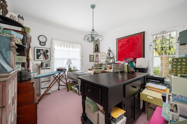 office space featuring dark colored carpet and crown molding