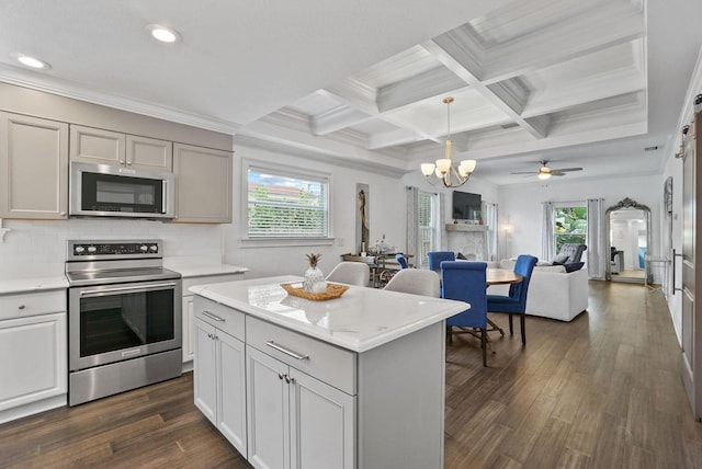 kitchen with plenty of natural light, dark hardwood / wood-style flooring, stainless steel appliances, and decorative light fixtures