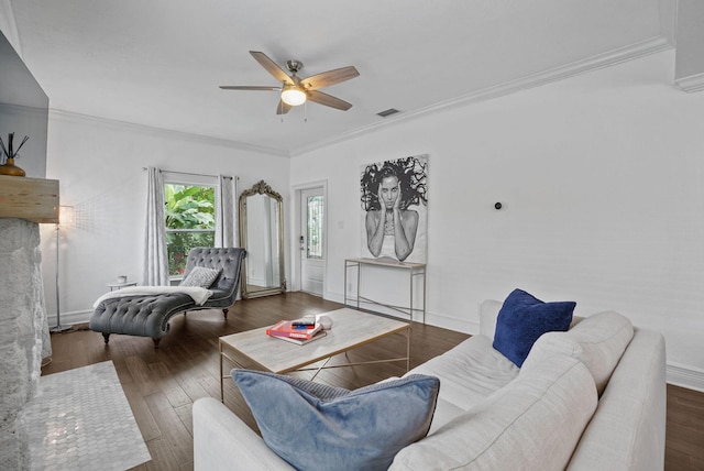 living room with ceiling fan, dark hardwood / wood-style floors, and ornamental molding