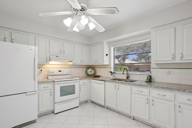 kitchen with tasteful backsplash, white appliances, ceiling fan, sink, and white cabinetry