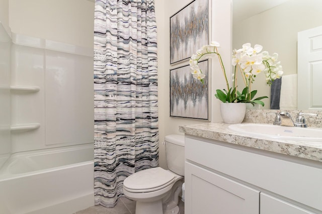 bathroom with shower / bath combo, tile patterned flooring, vanity, and toilet
