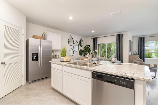 kitchen with an island with sink, white cabinetry, visible vents, appliances with stainless steel finishes, and a sink