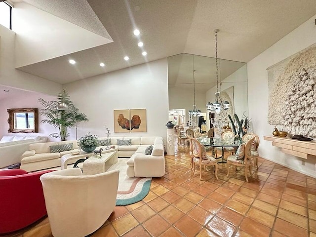 interior space featuring light tile patterned flooring and high vaulted ceiling