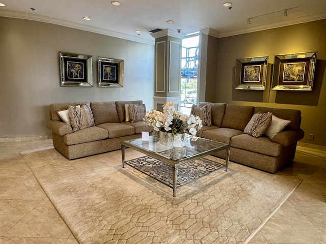 tiled living room with ornamental molding