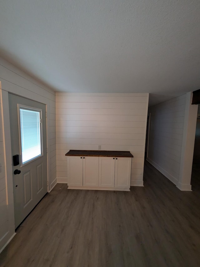 entrance foyer with wood walls and dark hardwood / wood-style flooring