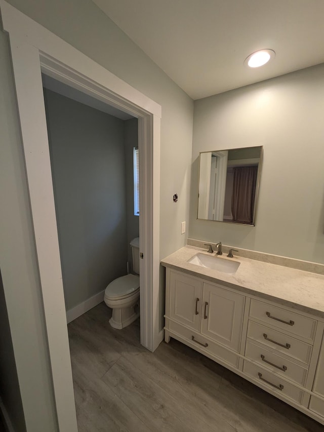 bathroom with hardwood / wood-style floors, vanity, and toilet