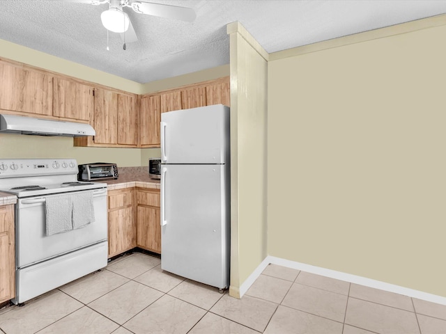 kitchen with a textured ceiling, ceiling fan, light tile patterned floors, and white appliances