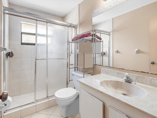 bathroom with tile patterned flooring, vanity, toilet, and a shower with door