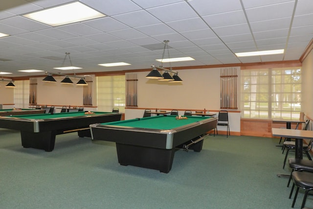 recreation room with carpet, ornamental molding, and pool table