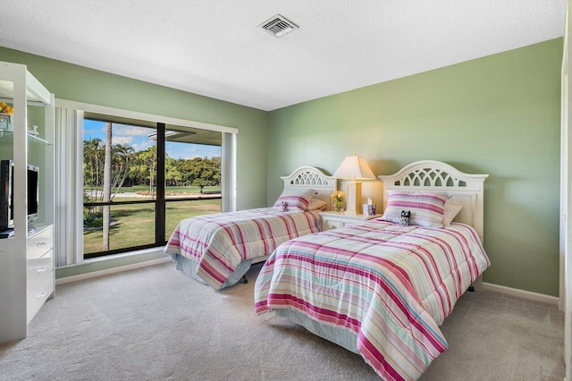 bedroom featuring a textured ceiling, light colored carpet, and multiple windows