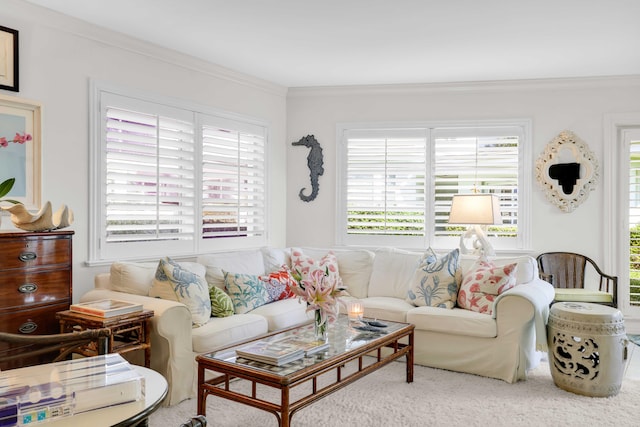 living room featuring carpet floors and ornamental molding