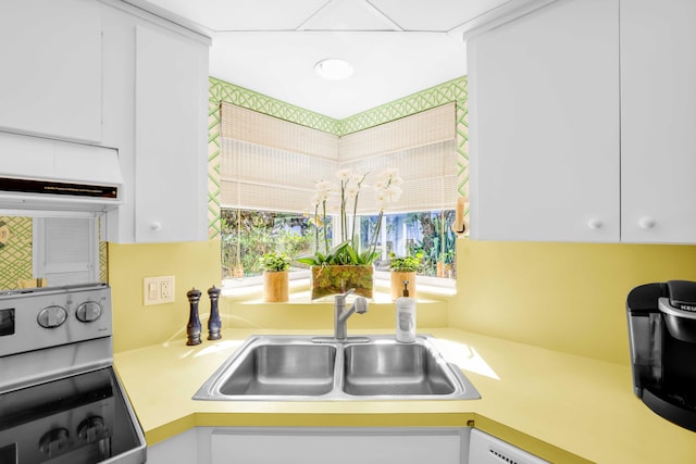 kitchen with white cabinets, range, and sink