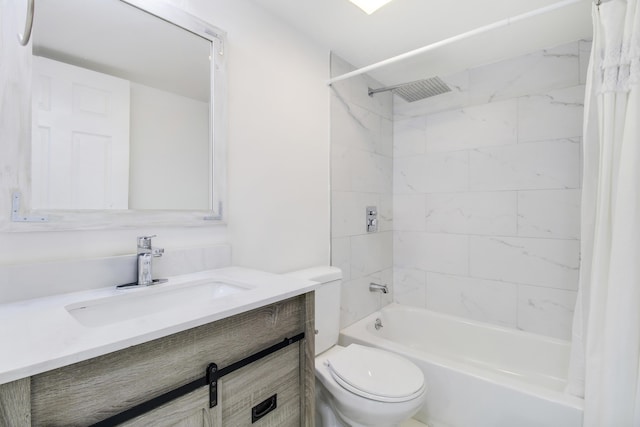 full bathroom featuring toilet, vanity, and shower / tub combo with curtain