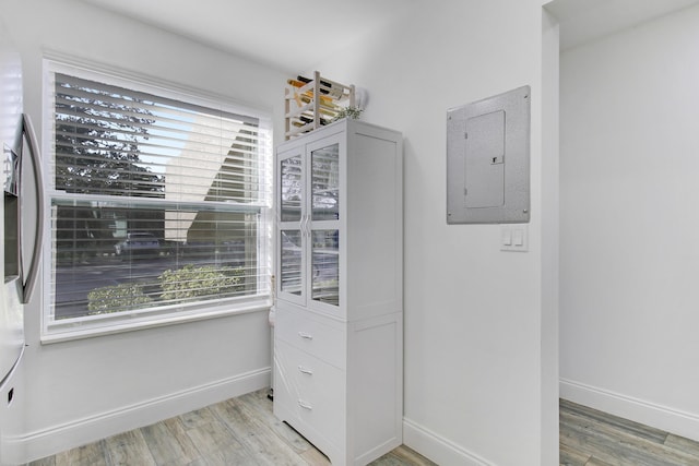 spacious closet featuring electric panel and light hardwood / wood-style flooring