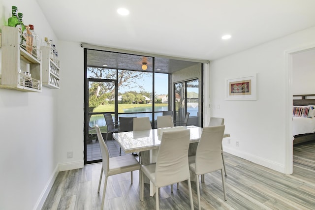 dining area featuring a water view and light hardwood / wood-style flooring