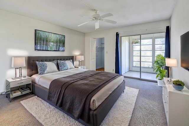 carpeted bedroom with a closet, access to outside, and ceiling fan