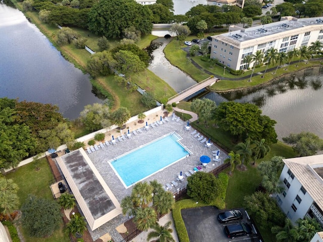 drone / aerial view with a water view