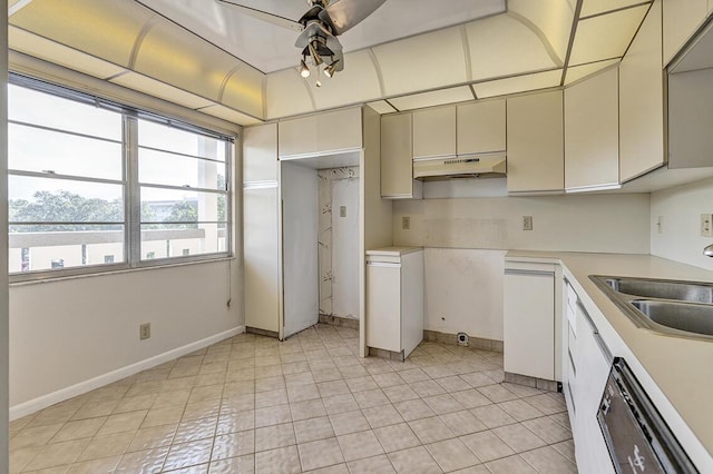 kitchen featuring white cabinetry, dishwasher, sink, and ceiling fan