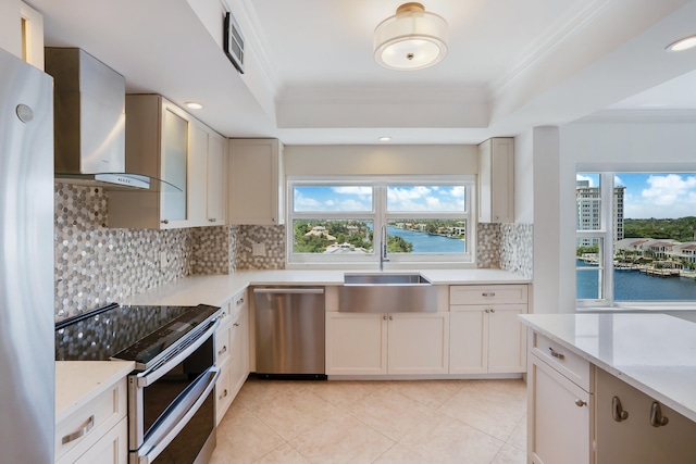 kitchen with sink, wall chimney exhaust hood, a tray ceiling, a water view, and appliances with stainless steel finishes