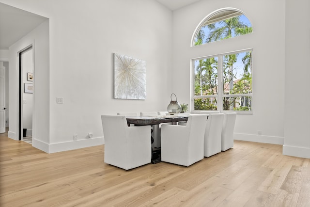 dining space featuring a towering ceiling, a wealth of natural light, and light wood-type flooring