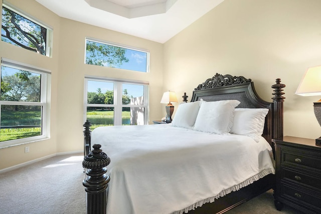 bedroom featuring carpet floors, multiple windows, a towering ceiling, and baseboards