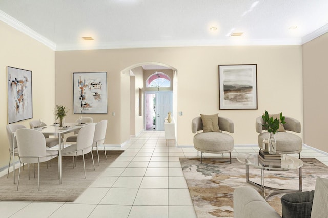 tiled living room with crown molding