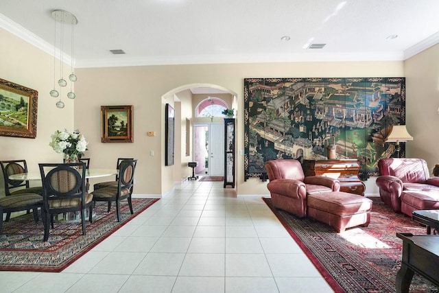 living room featuring crown molding and light tile patterned floors