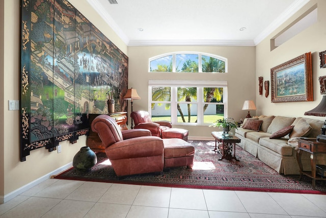 tiled living room featuring ornamental molding