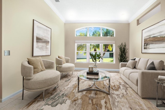 living room with light tile patterned floors and crown molding