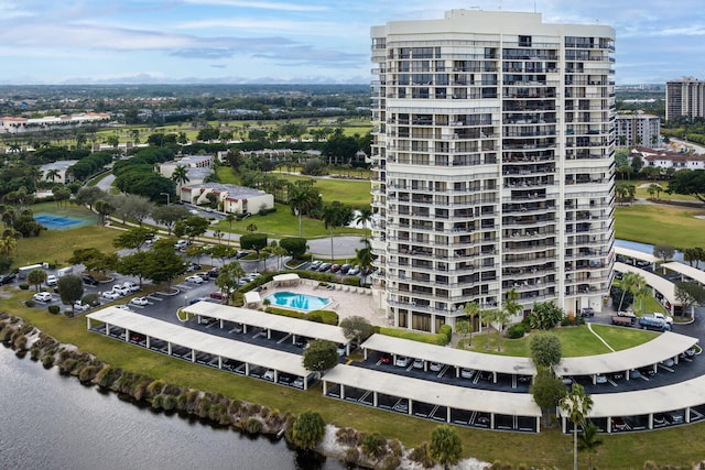 view of building exterior with a water view