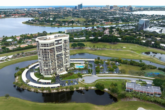 drone / aerial view with a water view