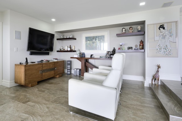 living room featuring indoor bar