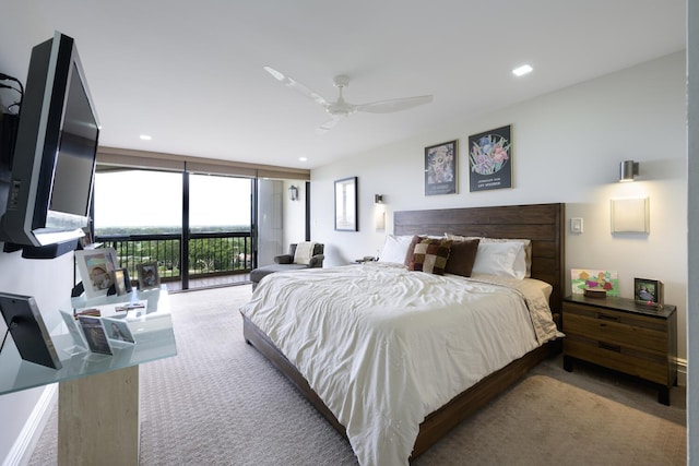 carpeted bedroom featuring access to outside and ceiling fan