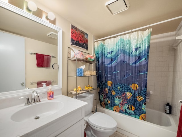 full bathroom featuring shower / bath combination with curtain, vanity, and toilet