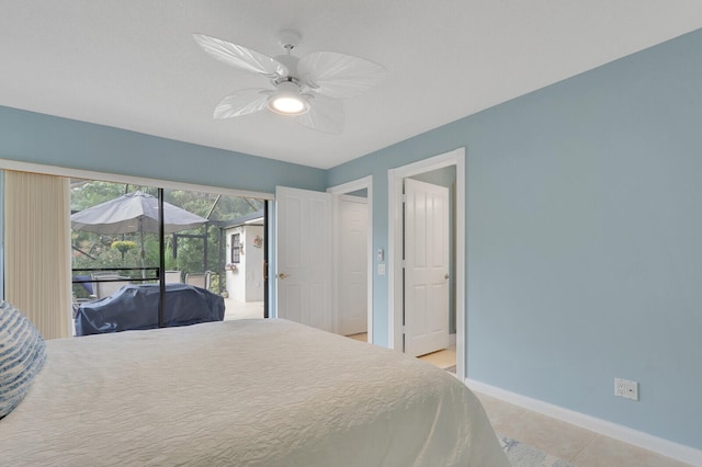 bedroom featuring ceiling fan, access to exterior, and light tile patterned floors