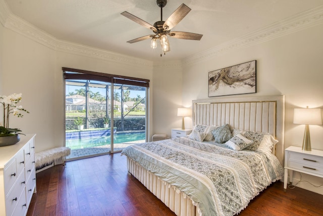 bedroom with dark wood-type flooring, ceiling fan, ornamental molding, and access to exterior