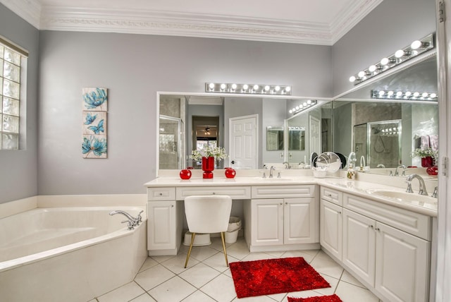 bathroom with tile patterned flooring, plus walk in shower, vanity, and crown molding