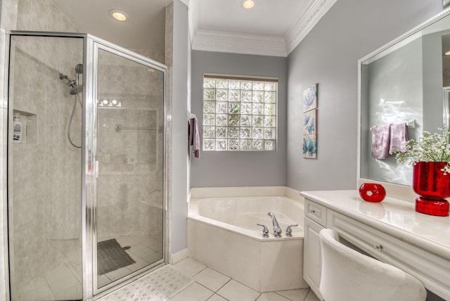 bathroom with ornamental molding, tile patterned floors, and shower with separate bathtub