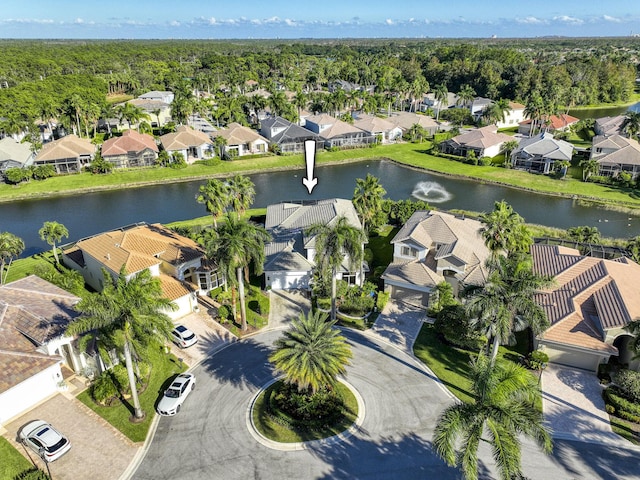 drone / aerial view featuring a water view