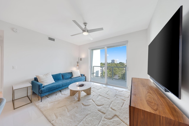 living room with ceiling fan