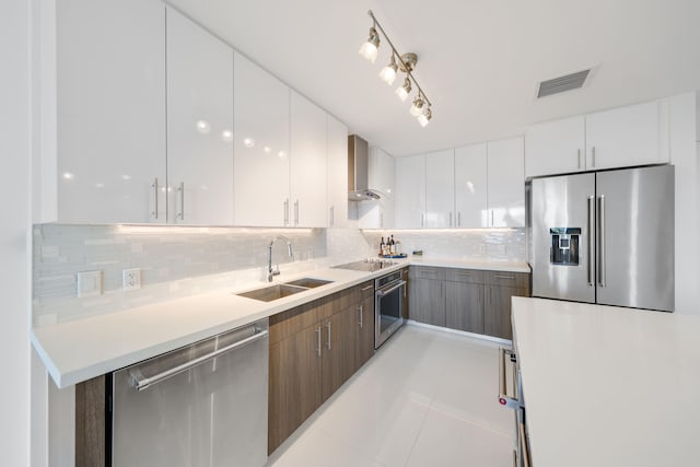 kitchen featuring white cabinetry, sink, wall chimney exhaust hood, and stainless steel appliances