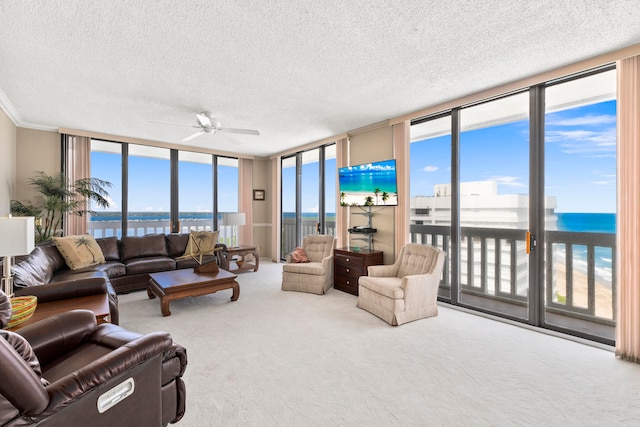 carpeted living room featuring ceiling fan, expansive windows, and a textured ceiling