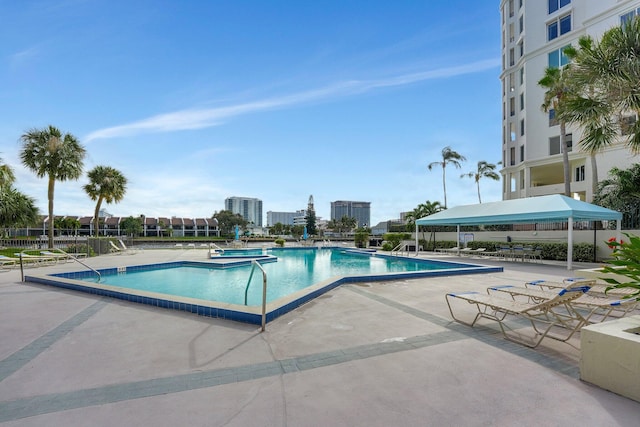 view of swimming pool with a patio