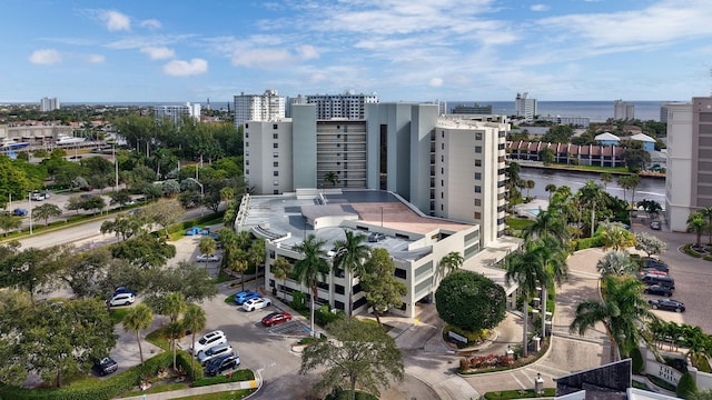 birds eye view of property featuring a water view