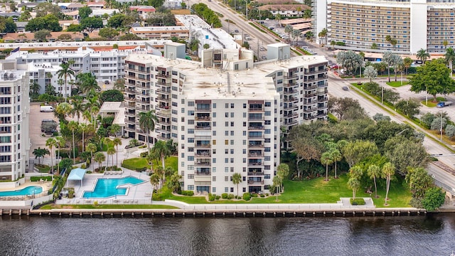 aerial view featuring a water view