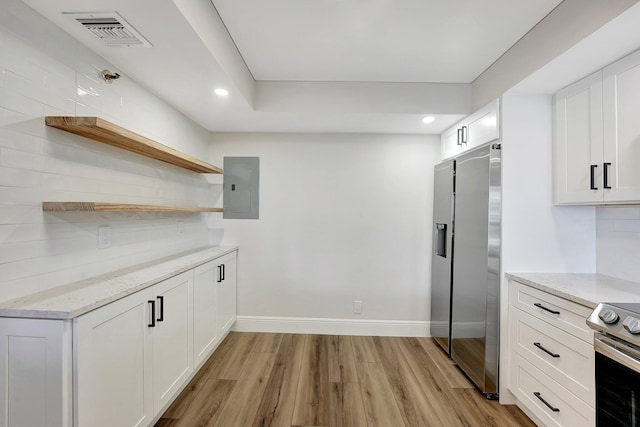 kitchen featuring electric panel, white cabinets, stainless steel appliances, and light wood-type flooring